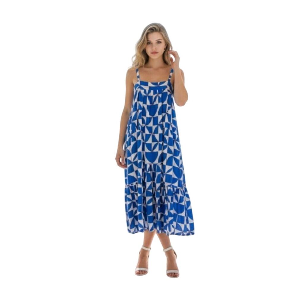 Abel The Label Anthropologie Geometric Tiered Maxi Dress Blue White XS Anthro